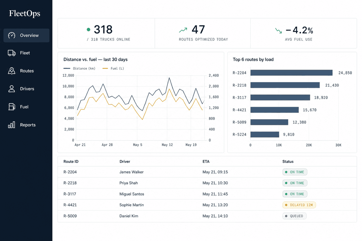 Live analytics dashboard for a fleet routing optimizer