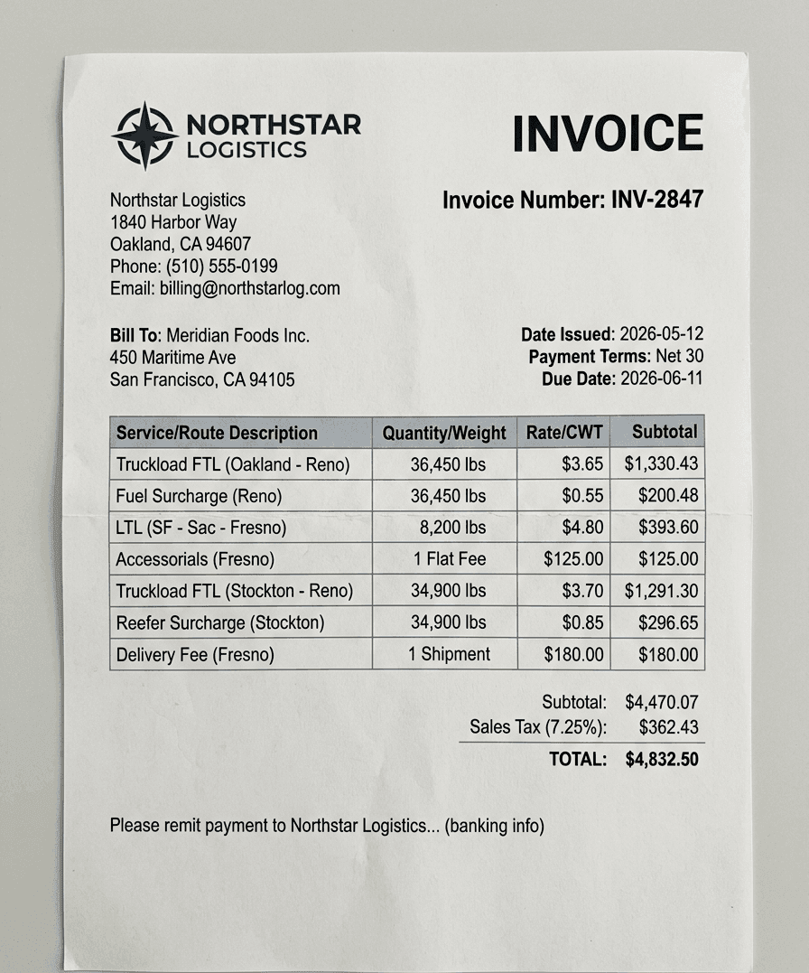 Sample freight invoice document being processed by OCR